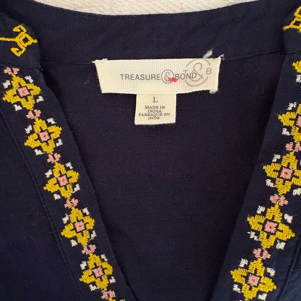 Treasure & Bond Navy Blue Cabana Dress with Gold Embroidered Accents - Picture 4 of 7